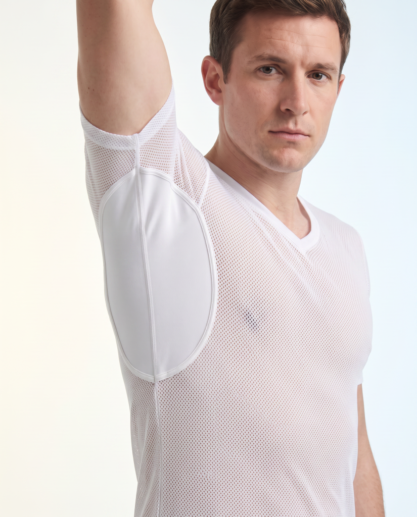 Men’s white V-neck undershirt with white open-grid mesh and oversized opaque shield-shaped underarm guard